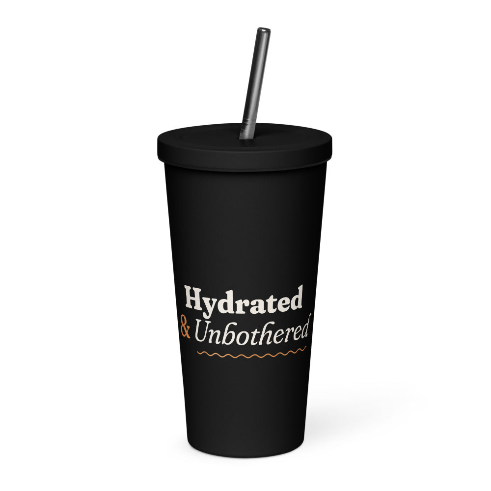 Hydrated & Unbothered 20 oz Insulated Tumbler in Black (mockup)