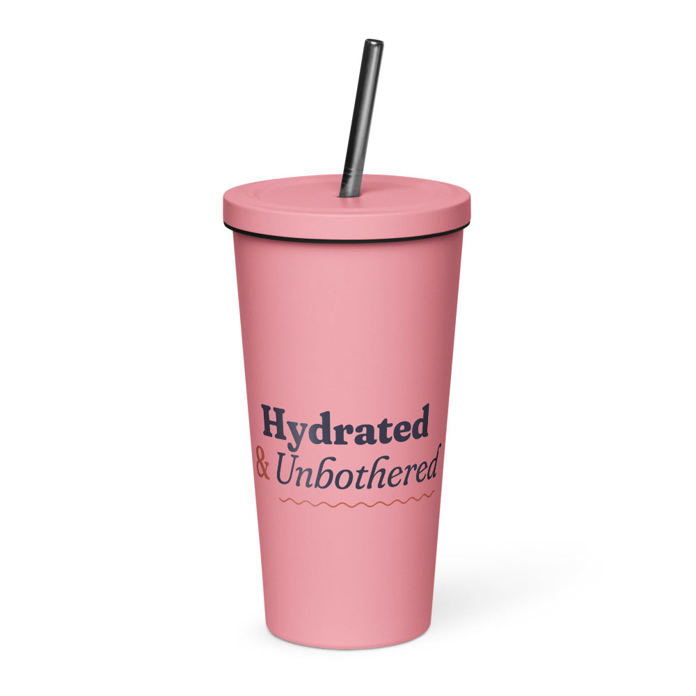 Hydrated & Unbothered 20 oz Insulated Tumbler in Pink (mockup)