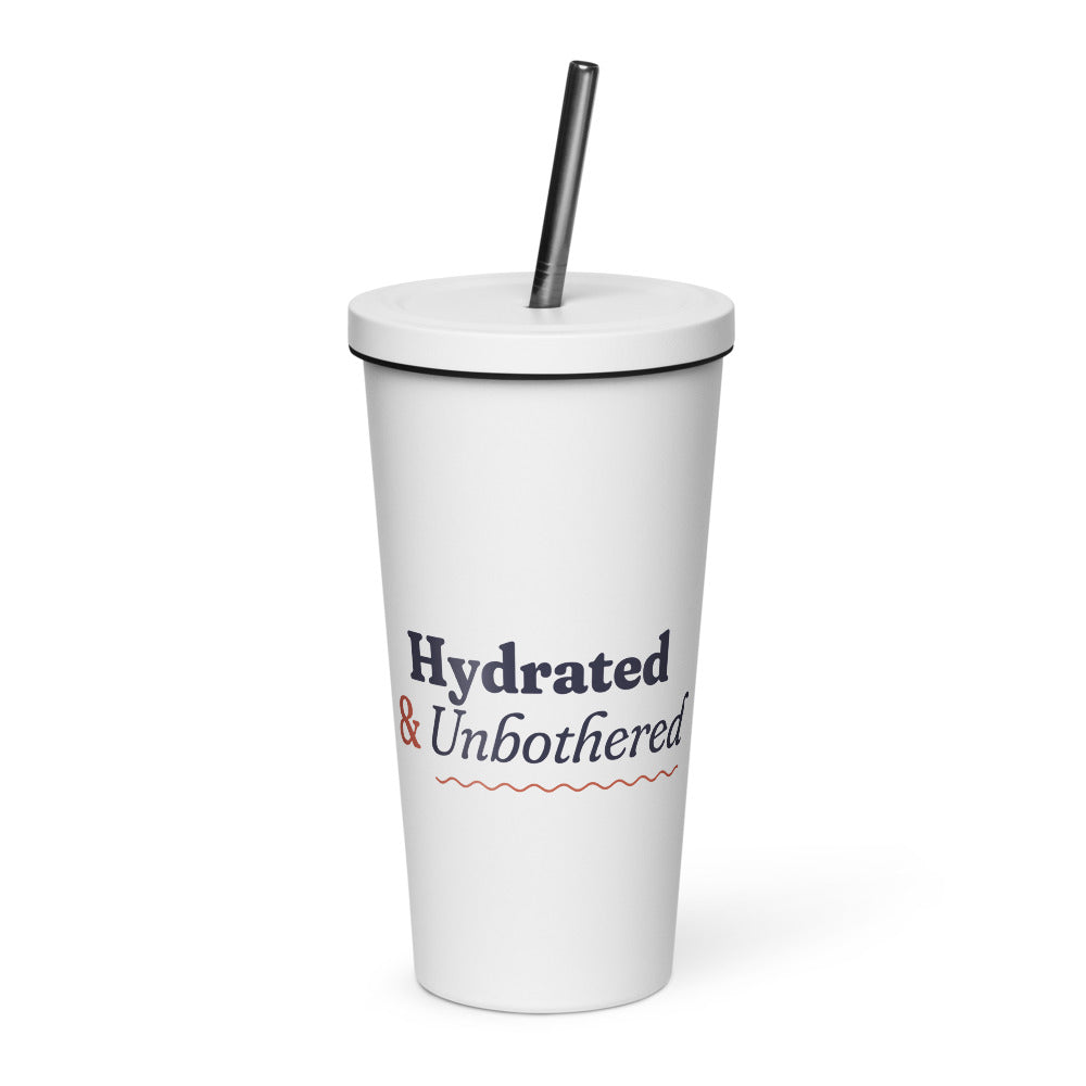 Hydrated & Unbothered 20 oz Insulated Tumbler in White (mockup)