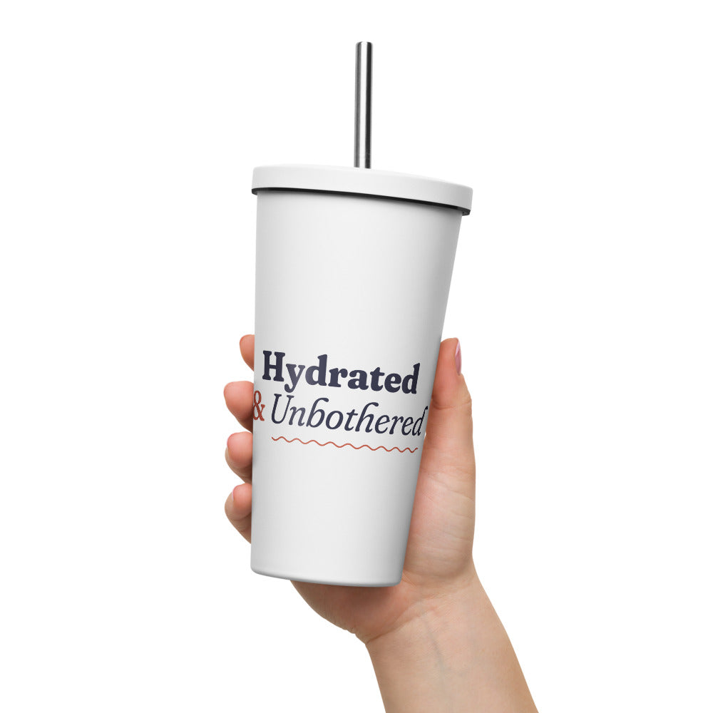 Hydrated & Unbothered 20 oz Insulated Tumbler in White (mockup)