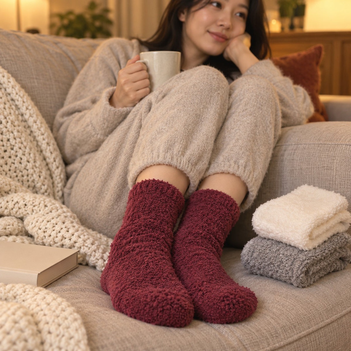 Wine fuzzy socks on a cozy evening, with the cream and grey pairs folded nearby