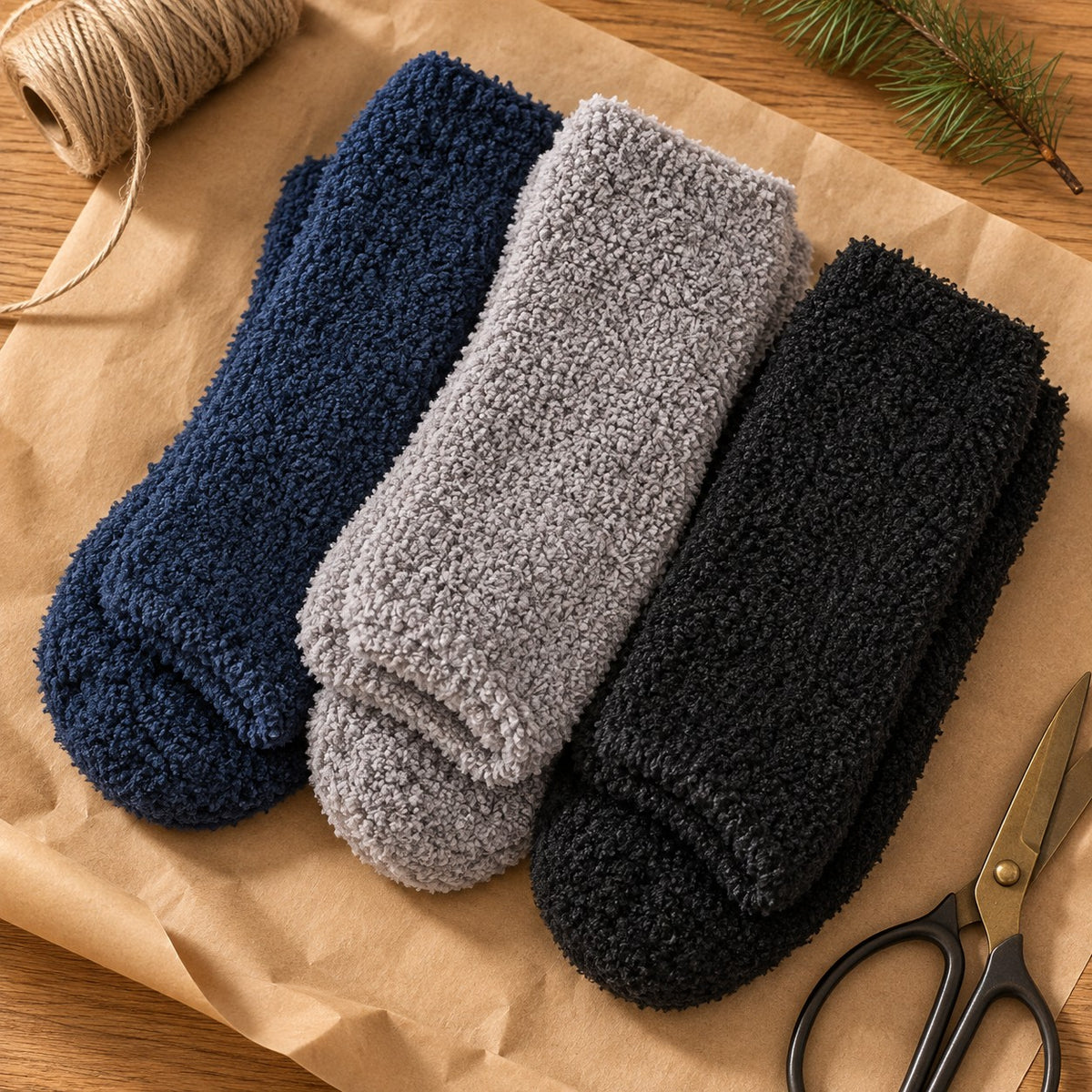Night In fuzzy socks ready to wrap with kraft paper and twine