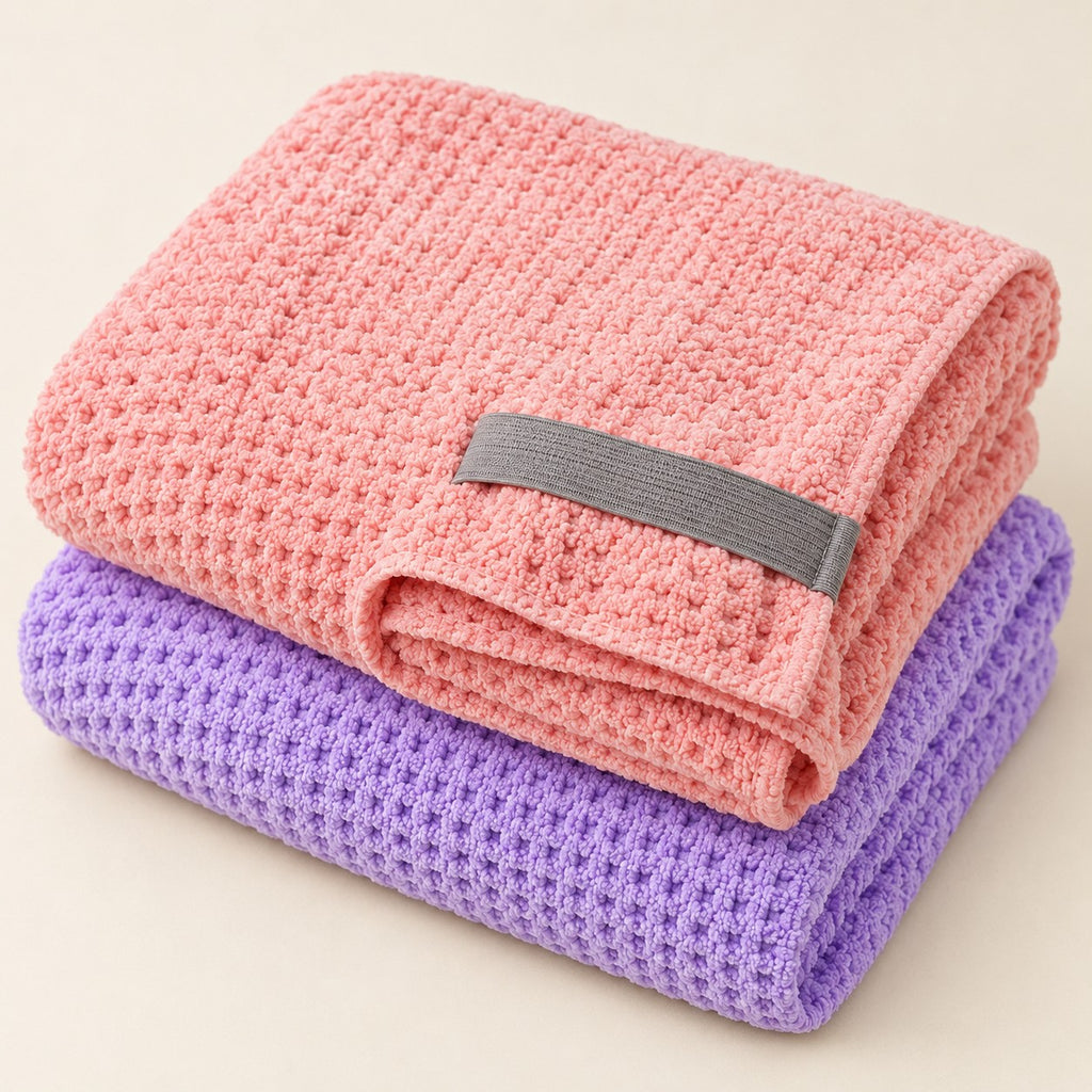 Hair Towel Wrap in coral and lavender, waffle microfiber with elastic loop