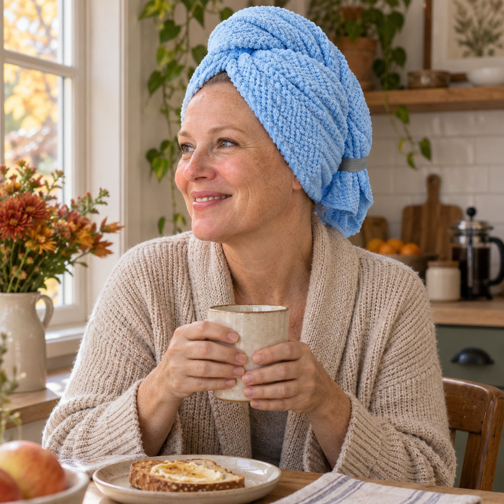Sky blue hair towel wrap with morning coffee