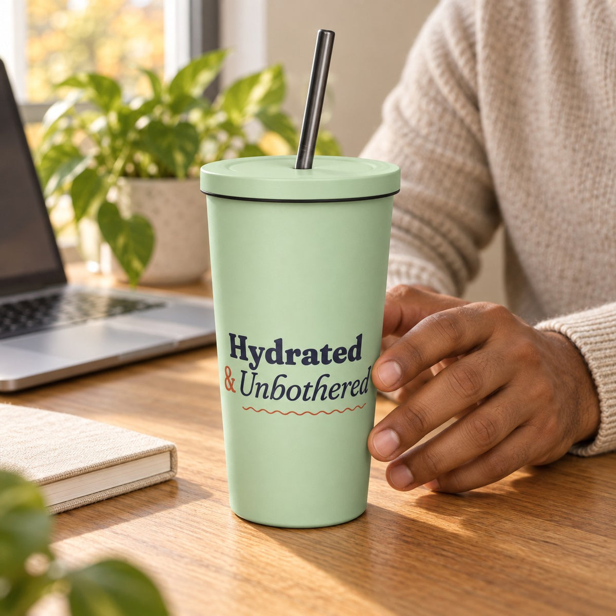Hydrated & Unbothered 20 oz Insulated Tumbler, Mint on a home office desk (lifestyle)