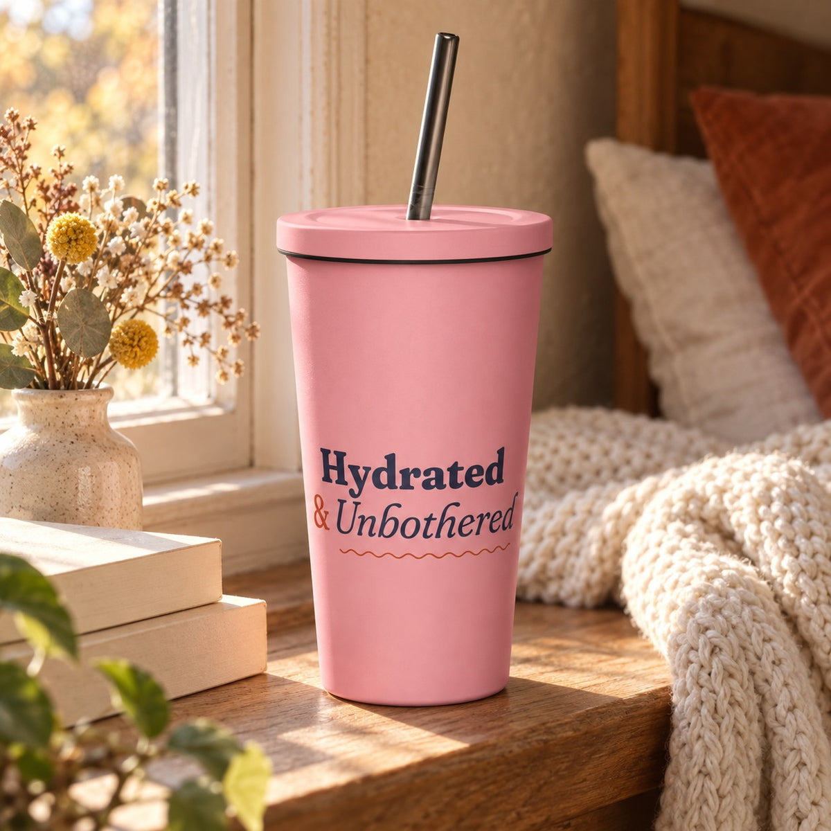 Hydrated & Unbothered 20 oz Insulated Tumbler, Pink on a cozy windowsill (lifestyle)