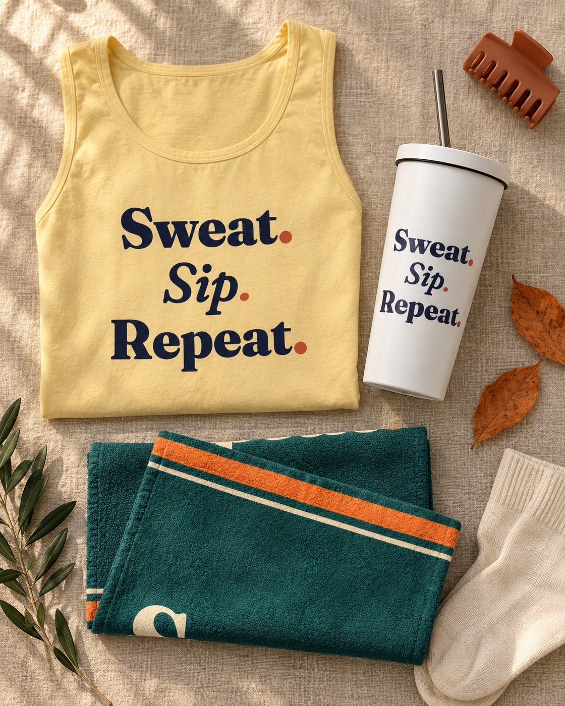 The Sweat & Sip Kit laid flat: Sweat. Sip. Repeat. tank, tumbler and sweat towel
