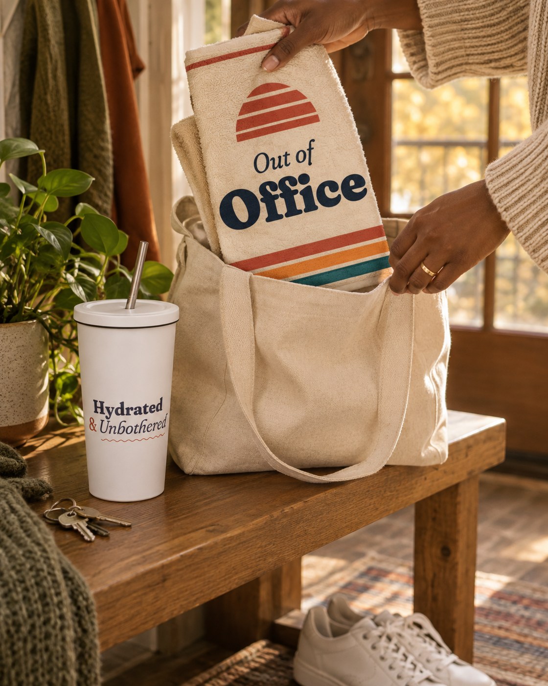 Packing an Out of Office sweat towel into a canvas tote next to a Hydrated & Unbothered tumbler