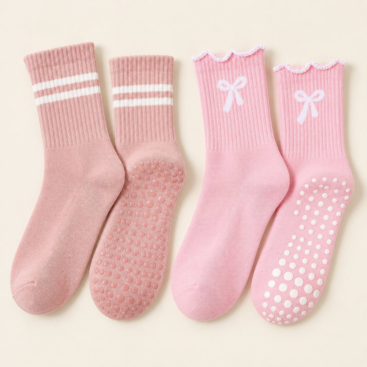 Studio Grip Socks in blush stripe and blush ruffle bow, with silicone grip soles