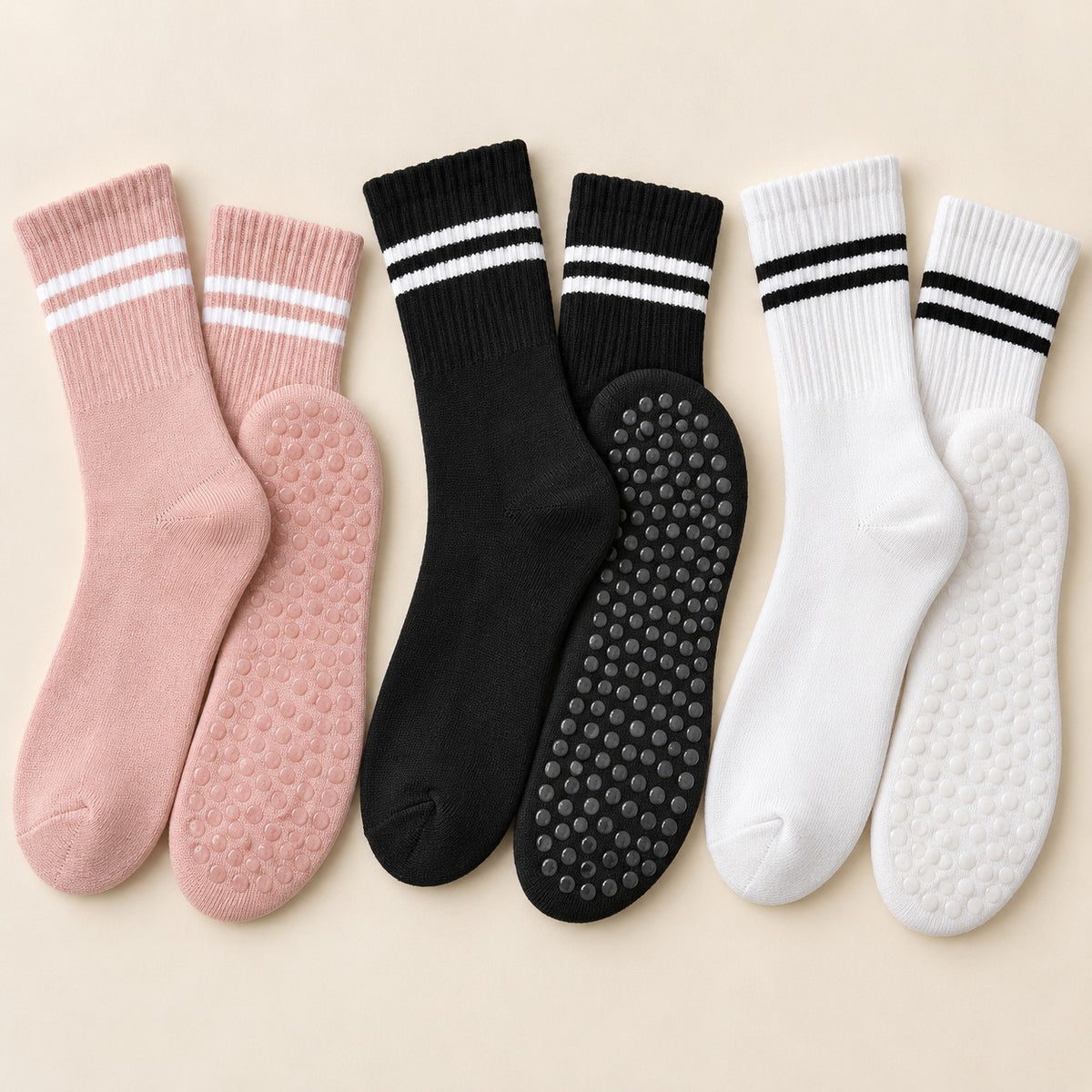 Stripe grip socks 3-Pack: blush, black and white