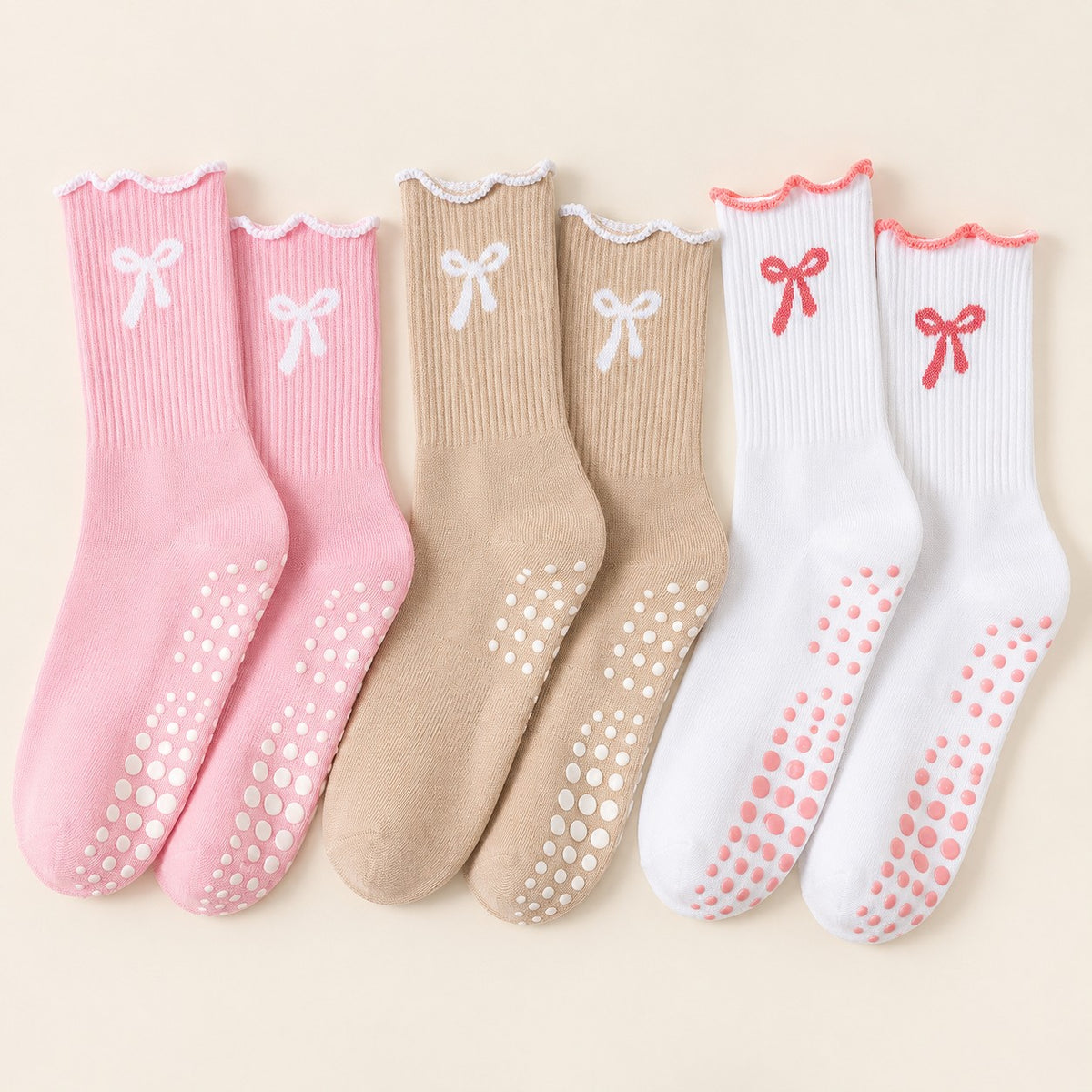 Ruffle Bow grip socks 3-Pack: blush, oat and white with coral bow