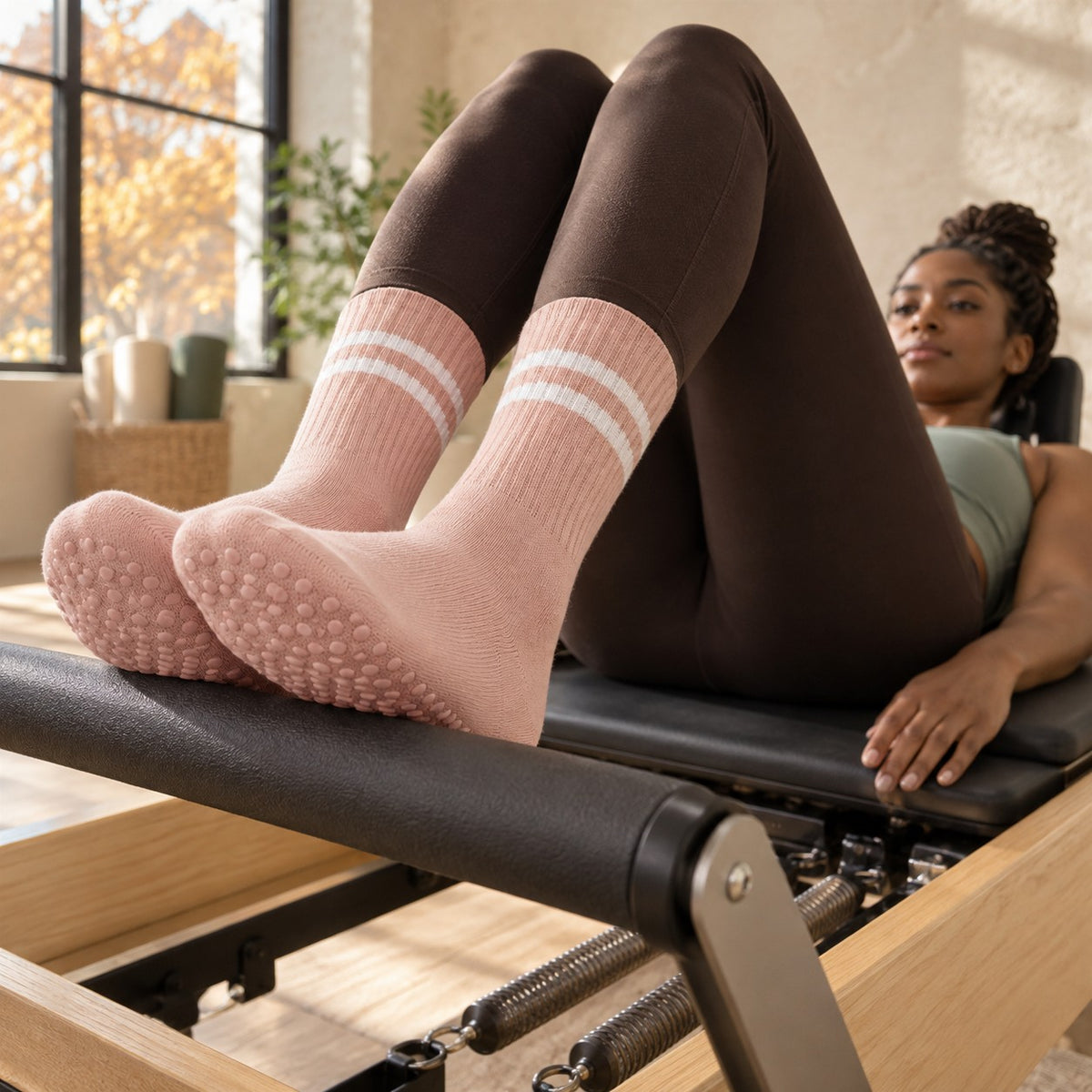 Blush stripe grip socks on a pilates reformer footbar