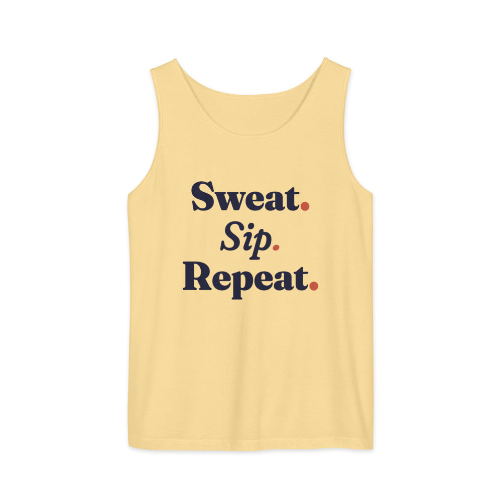 Sweat. Sip. Repeat. Garment-Dyed Tank in Butter (mockup)